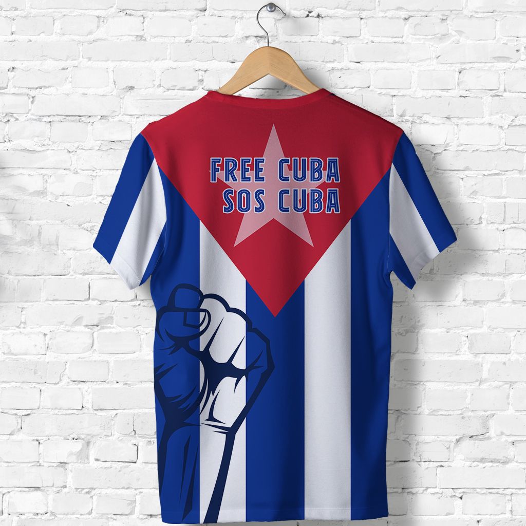 Back Cuba-themed T-shirt featuring 'FREE CUBA SOS CUBA' lettering and red star on stripes