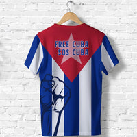 Back Cuba-themed T-shirt featuring 'FREE CUBA SOS CUBA' lettering and red star on stripes