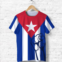 Front Cuba-themed T-shirt with red star, blue/white vertical stripes, and raised-hand graphic