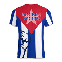 V-neck T-shirt with "FREE CUBA SOS CUBA" text, star, and red white blue striped panels