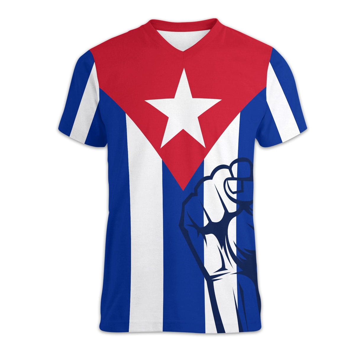 Cuba-style V-neck T-shirt with red, white, and blue panels and large star graphic