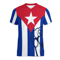 Cuba-style V-neck T-shirt with red, white, and blue panels and large star graphic
