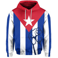 Pullover hoodie, hooded front with red star diamond over blue/white vertical stripes