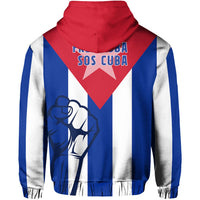 Pullover hoodie back with “SOS CUBA” text, red diamond star, blue/white stripes and fist art