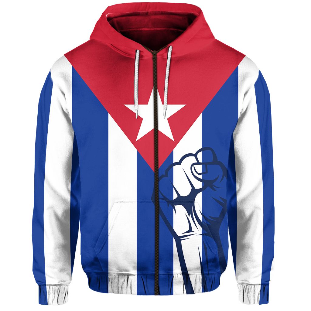 Red zip hoodie with blue/white vertical stripes, star and hand graphic on front, hood