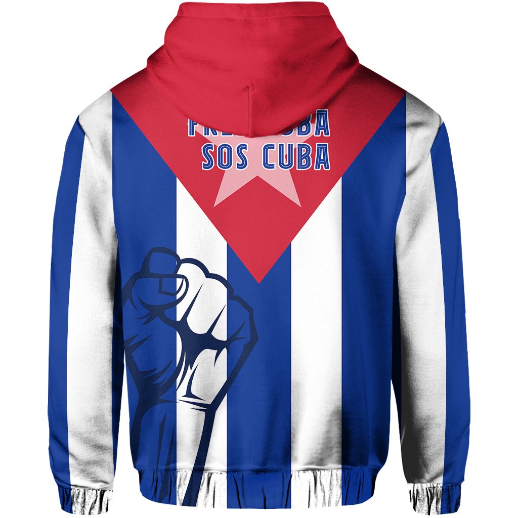Back view red zip hoodie with blue/white stripes, “SOS Cuba” text under heart graphic