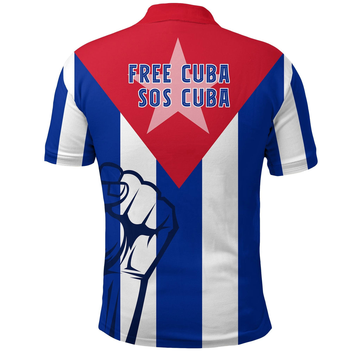 Back of red, white & blue Cuba polo shirt with 'FREE CUBA SOS CUBA' text