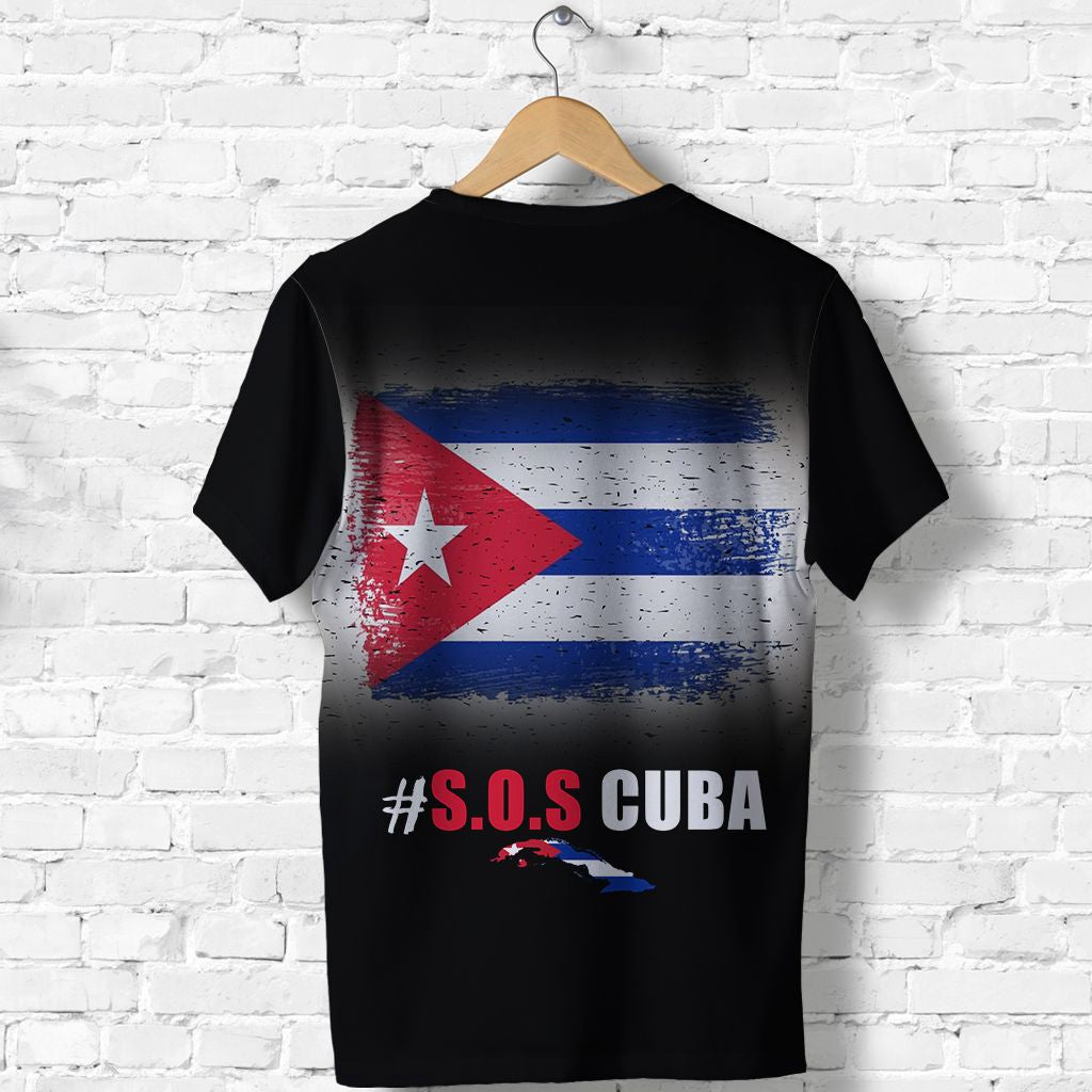 Black T-shirt with grunge Cuba flag print and “#S.O.S CUBA” text
