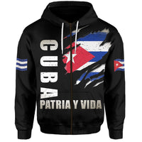 Black zip hoodie with distressed Cuba flag graphic and 'PATRIA Y VIDA' text