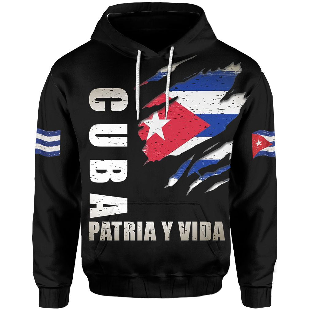 Black pullover hoodie with Cuban flag grunge print and 'PATRIA Y VIDA' front text