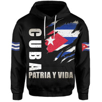Black pullover hoodie with Cuban flag grunge print and 'PATRIA Y VIDA' front text