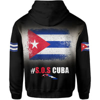 Black pullover hoodie with Cuban flag grunge back graphic and '#S.O.S CUBA' text