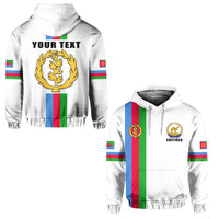 White hoodie with Eritrea flag sleeve stripes and crest graphic, custom text on back