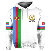 White hoodie with Eritrea flag stripes, hood drawstrings, ERITREA emblem on front