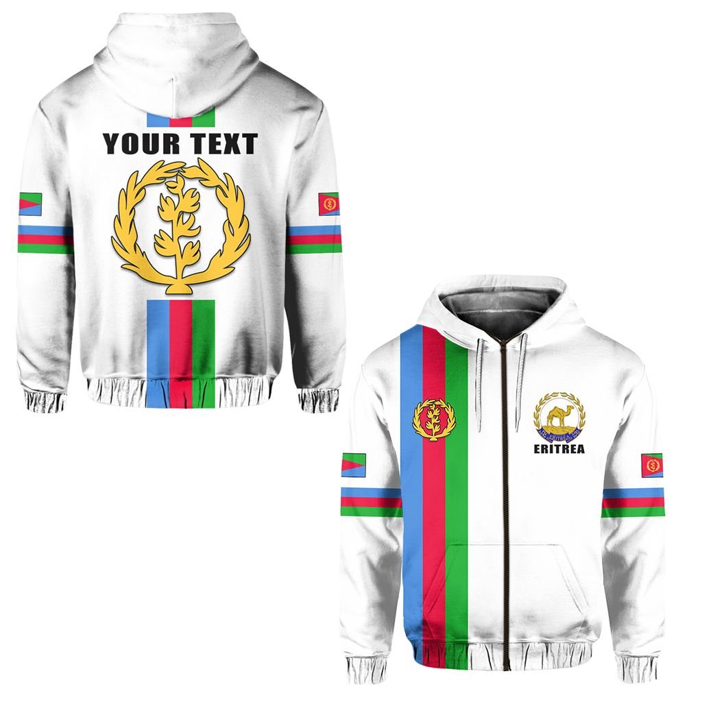 White zip hoodie with Eritrea crest, striped sleeves, and front zipper