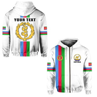 White zip hoodie with Eritrea crest, striped sleeves, and front zipper