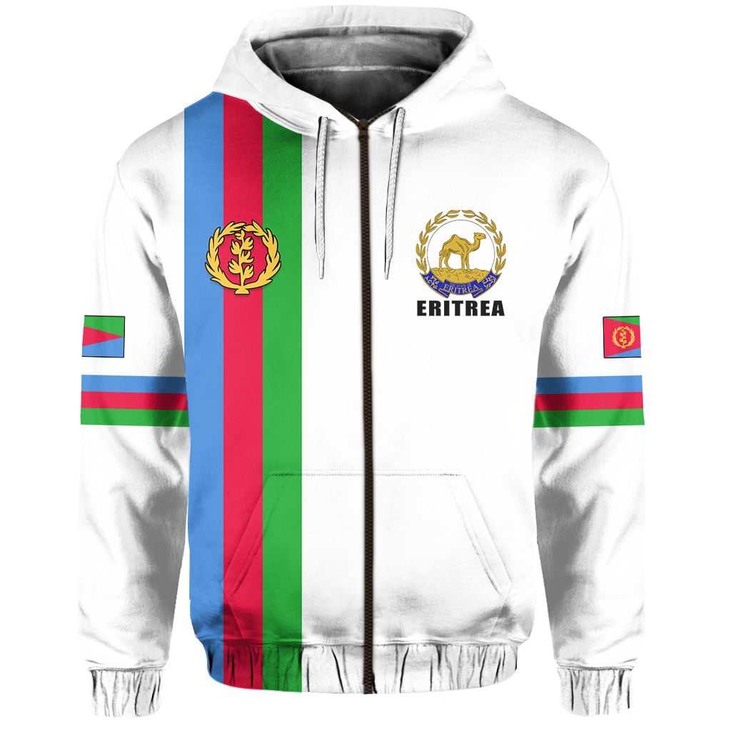 White zip-up hoodie with Eritrea emblem, vertical flag panel, and striped sleeves