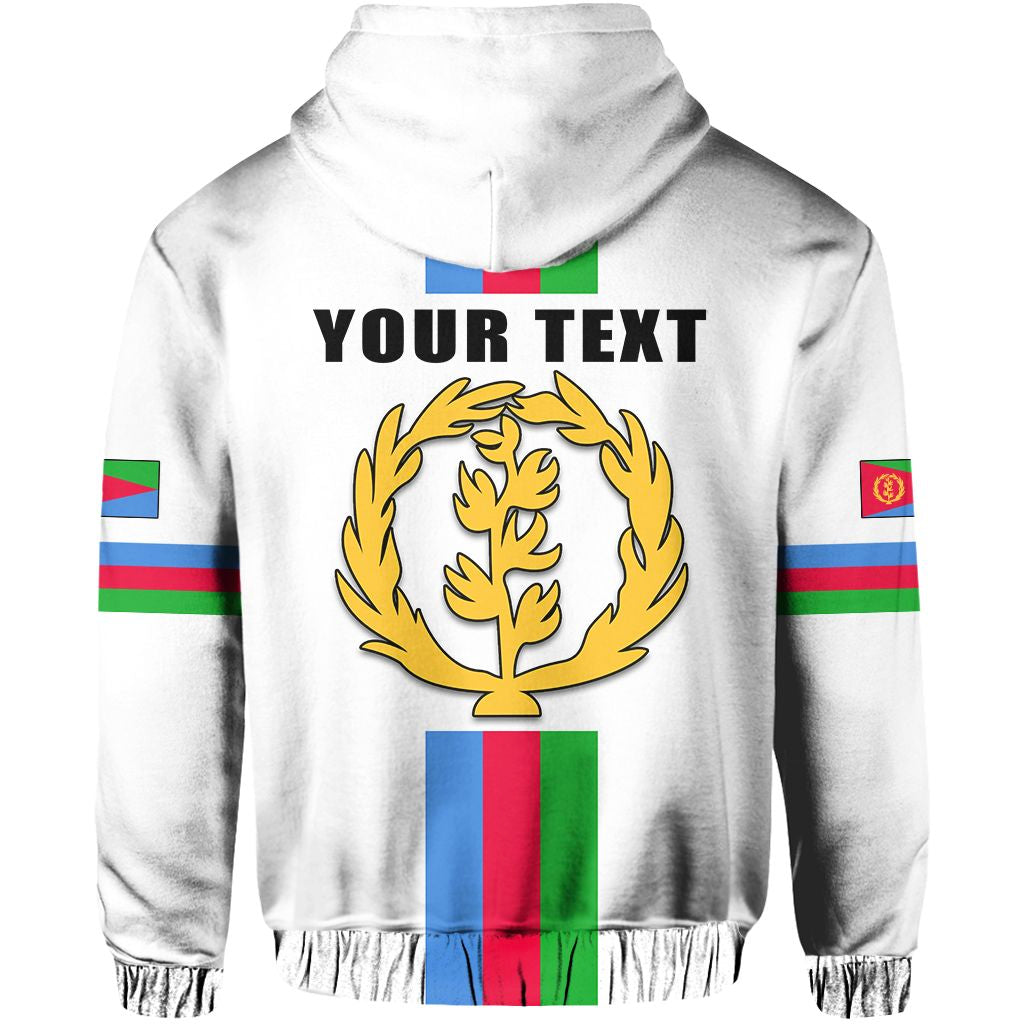 White pullover hoodie back print with “YOUR TEXT” and laurel crest, striped accents
