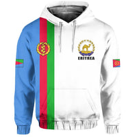 White pullover hoodie with Eritrea logo, hood drawstrings, kangaroo pocket, flag sleeve stripe