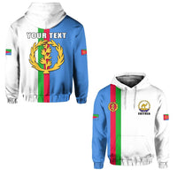 White & blue custom hoodie with Eritrea flag stripe design, hood and 'YOUR TEXT' print