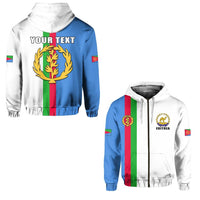 Custom Eritrea Reißverschluss-Hoodie, weiß-blau mit Regenbogenstreifen und Wappen, Text