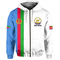 Reißverschluss-Hoodie mit Kapuze: weiß/Blau, große Eritrea-Prints vorn, Kordeln, Taschen