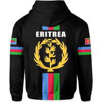Black hoodie back with ERITREA text, gold wreath crest, and Eritrea flag stripe hem