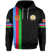Black hoodie with two crest logos, drawstring hood, and front kangaroo pocket