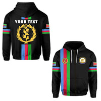 Black zip hoodie, Eritrea stripe sleeves, “YOUR TEXT” front graphic