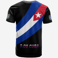 Black back T-shirt with diagonal Cuba flag stripes and large “S.O.S CUBA” text