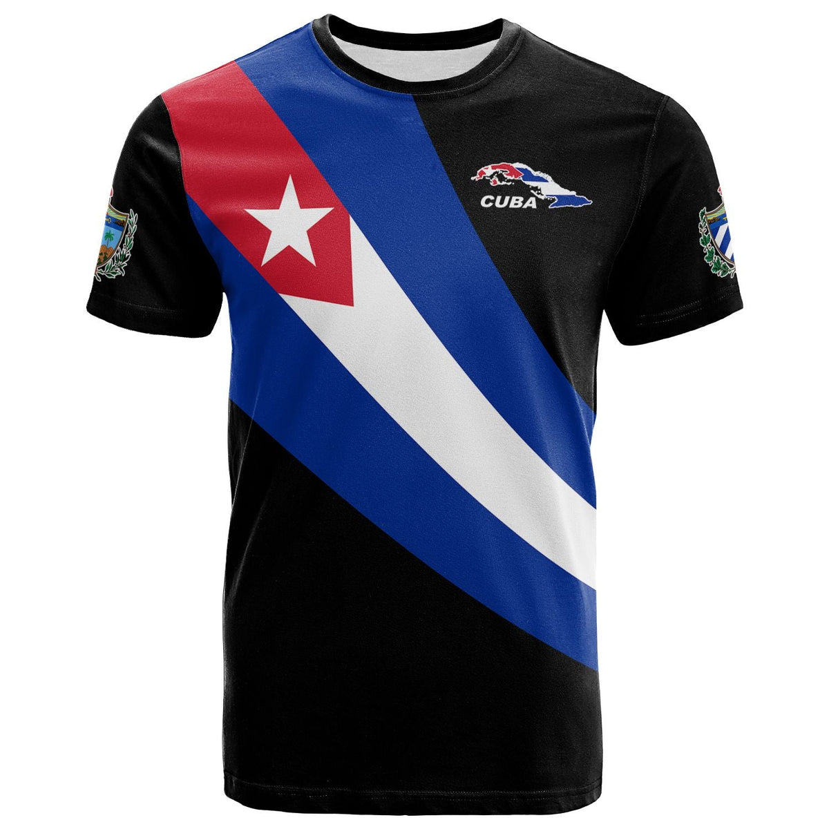 Black T-shirt with diagonal Cuba flag stripes and small “CUBA” chest graphic