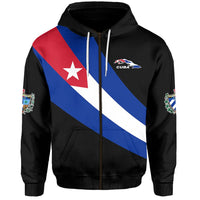 Black zip hoodie with diagonal Cuba flag print, CUBA chest logo, front zipper and drawstrings