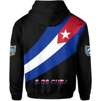 Black zip hoodie back print with diagonal Cuba flag and red star, S.O.S CUBA text
