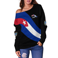 Black off-shoulder sweatshirt with Cuba flag diagonal stripe and CUBA patch