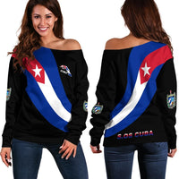 Black off-shoulder sweater with Cuba flag print, long sleeves, relaxed fit