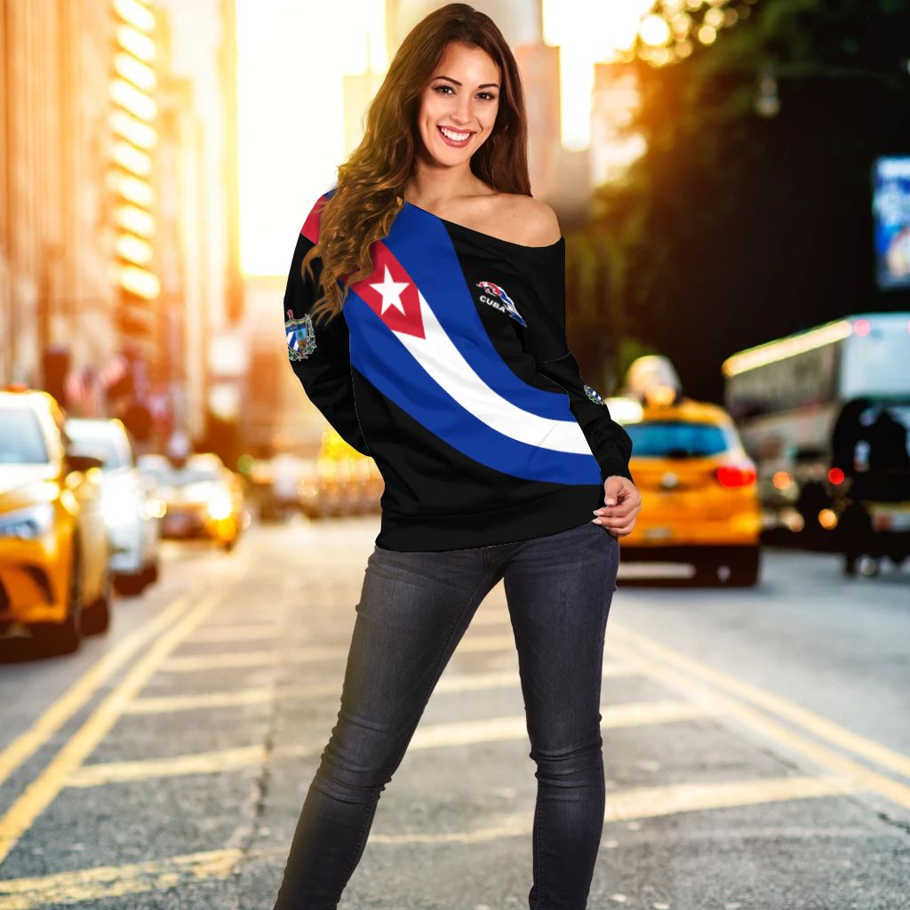 Black off-shoulder sweater with Cuba flag front print, long sleeves