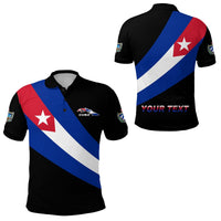 Black Cuba flag diagonal polo shirt with custom text and crest on chest