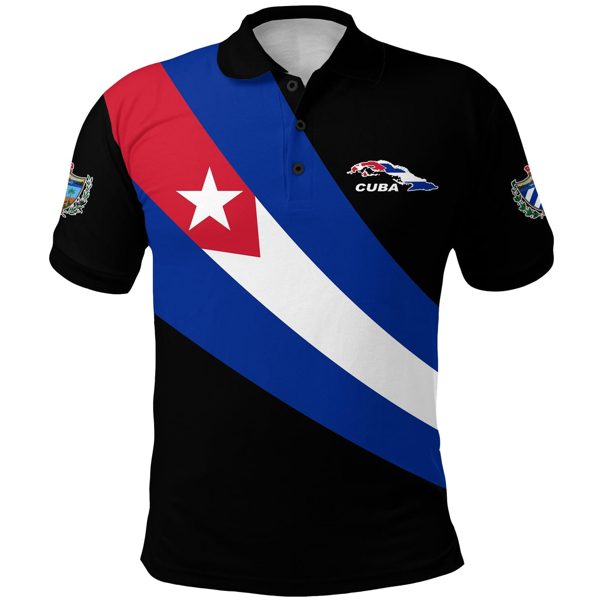 Black polo with Cuban flag stripes, red star, and crest logo on chest