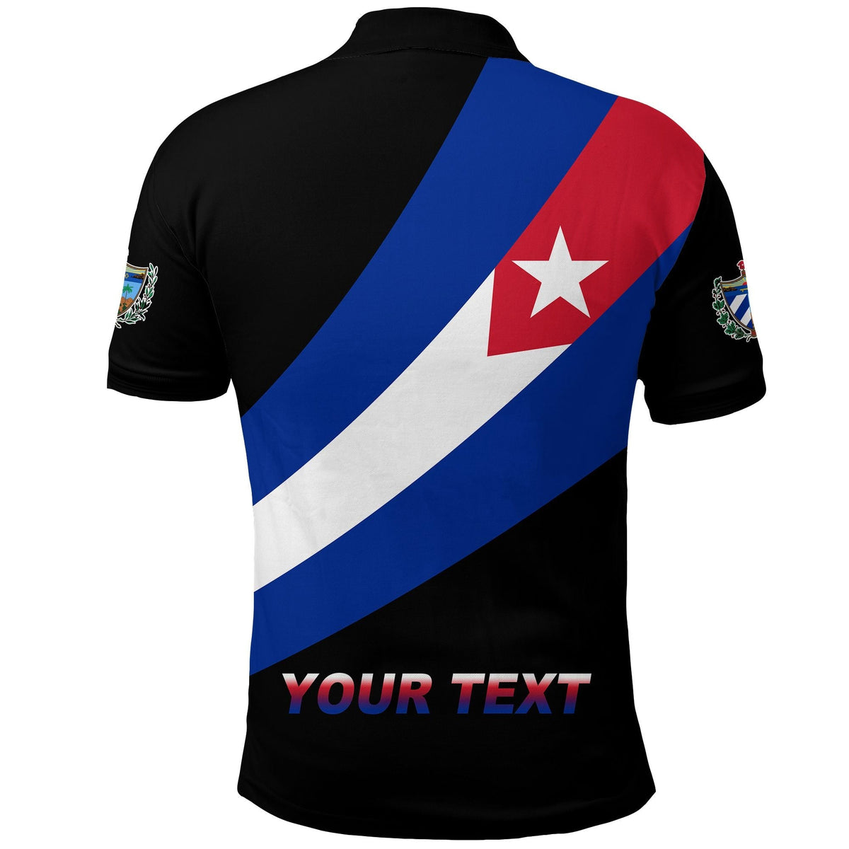 Back of black Cuba polo with diagonal flag stripes and 'YOUR TEXT' print