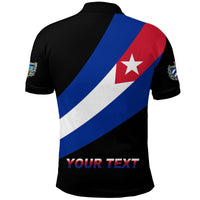Back of black Cuba polo with diagonal flag stripes and 'YOUR TEXT' print
