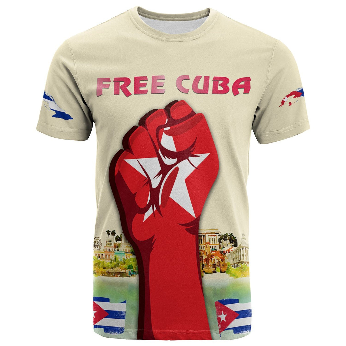 Cream Cuba T-shirt: 'FREE CUBA' front red figure, blue flag accents