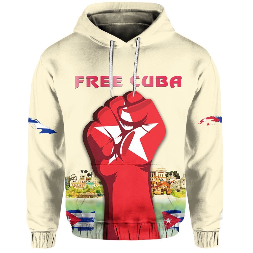 Cream pullover hoodie: 'FREE CUBA' red graphic with raised fist and portrait