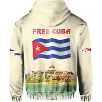 Cream pullover hoodie back: 'FREE CUBA' text with waving flag and city print