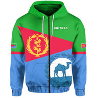 Zip hoodie with Eritrea flag print: green, red, blue panels and lion emblem