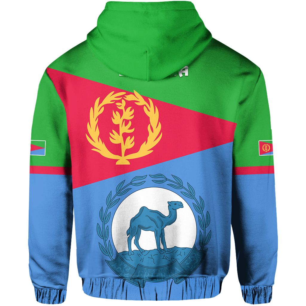 Green Eritrea flag hoodie, back view with camel emblem and laurel wreath