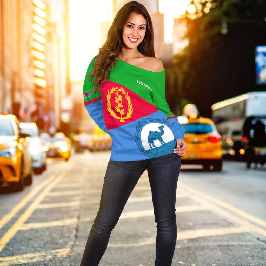 Women off-shoulder sweatshirt, Eritrea flag print in green, red, and blue panel, front