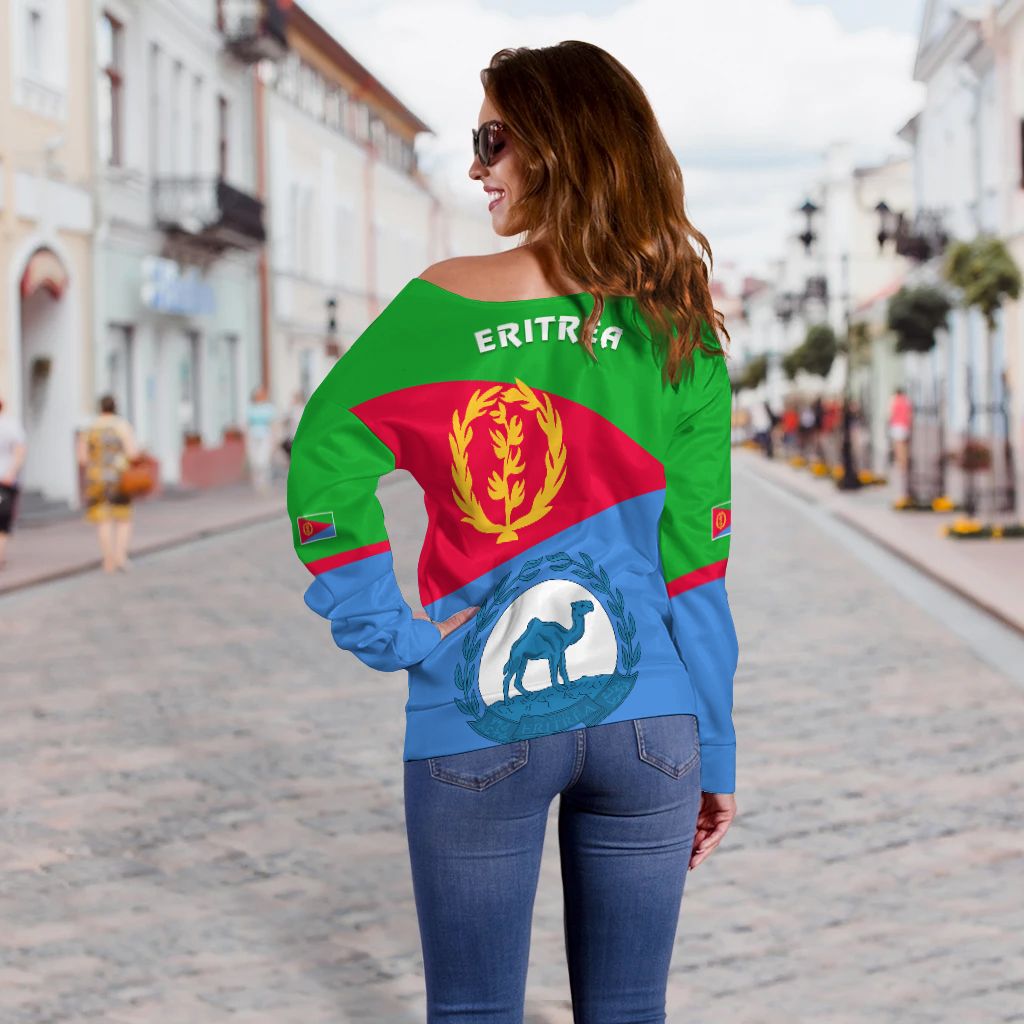 Women off-shoulder sweatshirt, back shows Eritrea flag print with laurel and blue lion