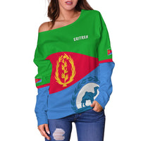 Women off-shoulder sweatshirt close-up, Eritrea flag graphic on green-to-blue fabric