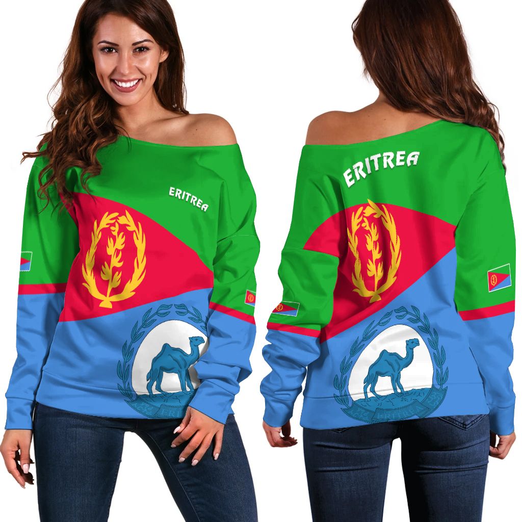 Women off-shoulder sweatshirt, Eritrea flag print: green, red, blue with laurel lion