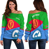 Women off-shoulder sweatshirt, Eritrea flag print: green, red, blue with laurel lion